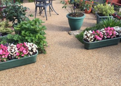 This Autumn Gold resin bound patio looks beautiful with our customer's plants dotted around